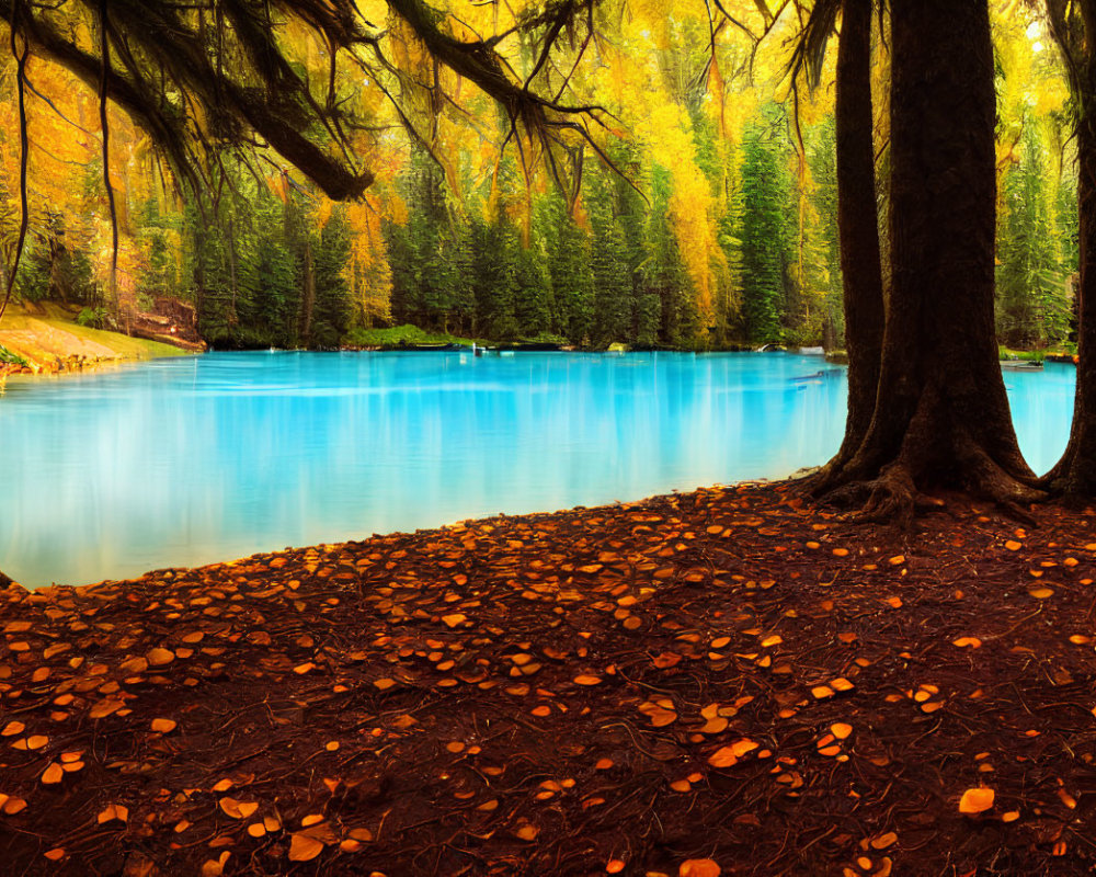 Vibrant Autumn Forest Scene with Turquoise Lake Reflections