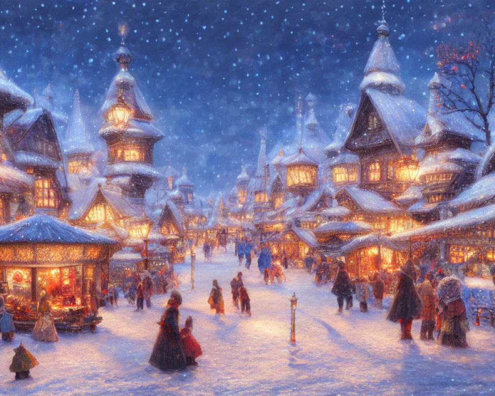 Snow-covered village holiday market with illuminated stalls and period attire shoppers.