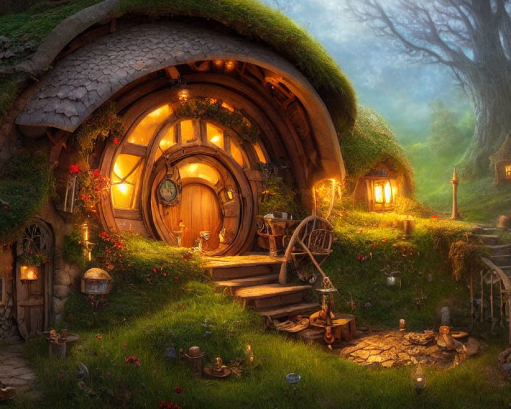 Cozy hobbit house nestled under grassy hill with round door