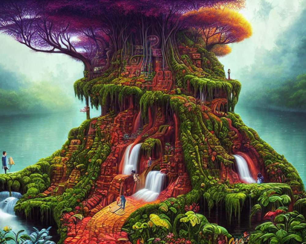 Mystical landscape with ancient tree, ruins, waterfalls, and lush vegetation