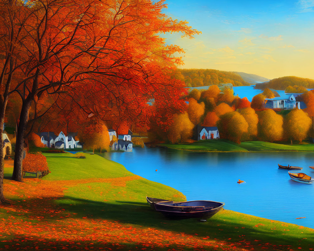 Scenic Autumn Landscape with Foliage, Lake, Boats & Houses