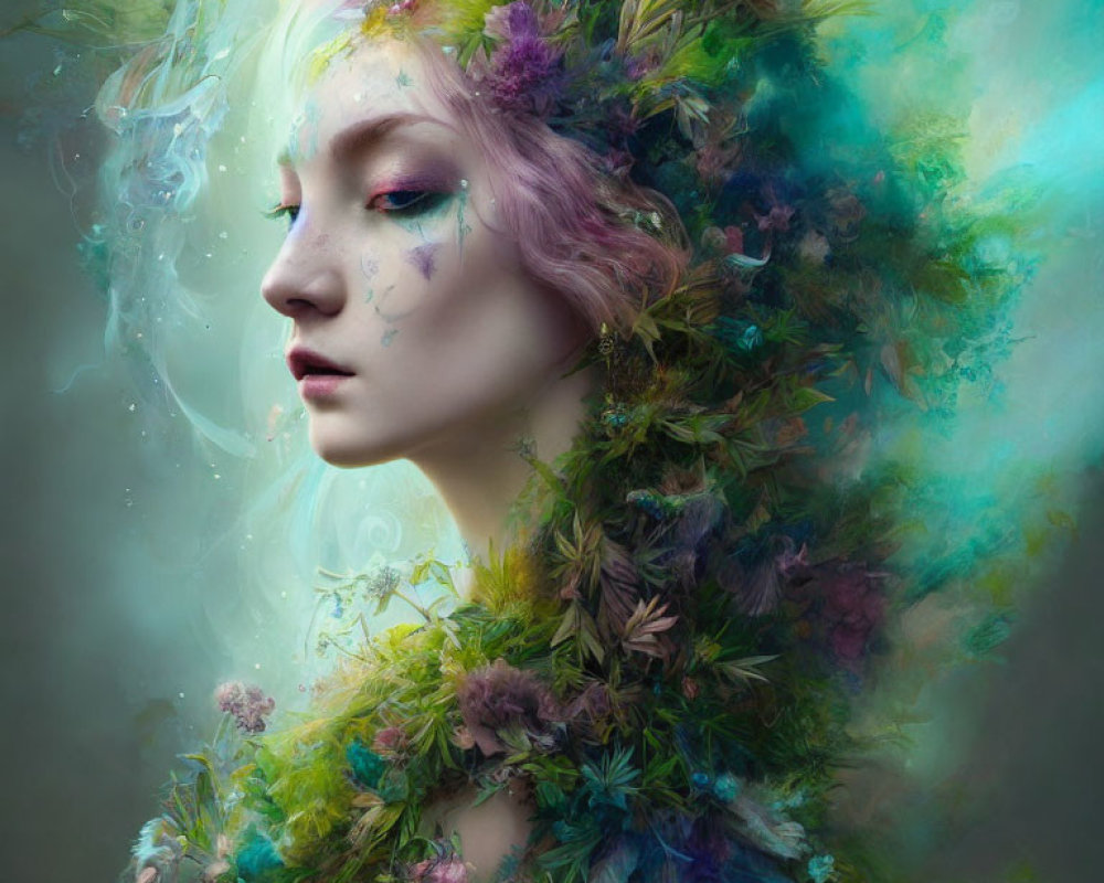 Ethereal portrait with pastel hair, botanicals, dreamy background