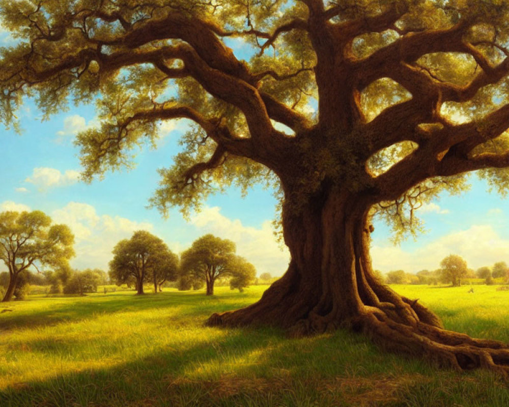 Tranquil landscape with majestic oak tree and person in tall grass