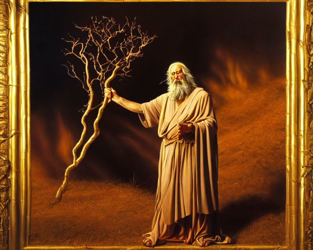 Elderly man in robes with leafless tree branch in fiery background