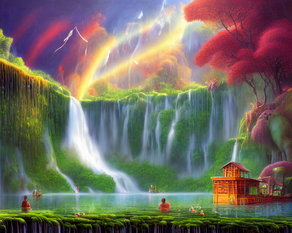 Colorful Fantasy Landscape with Waterfall, Lake, and Magical Sky