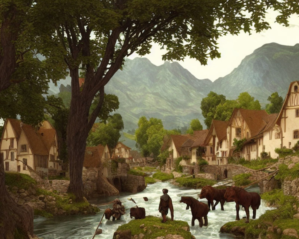 Tranquil pastoral village by river with mountains - Peaceful rural landscape