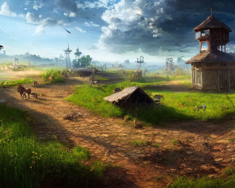 Rustic village scene with wooden towers, dirt path, animals, villagers, greenery, dramatic