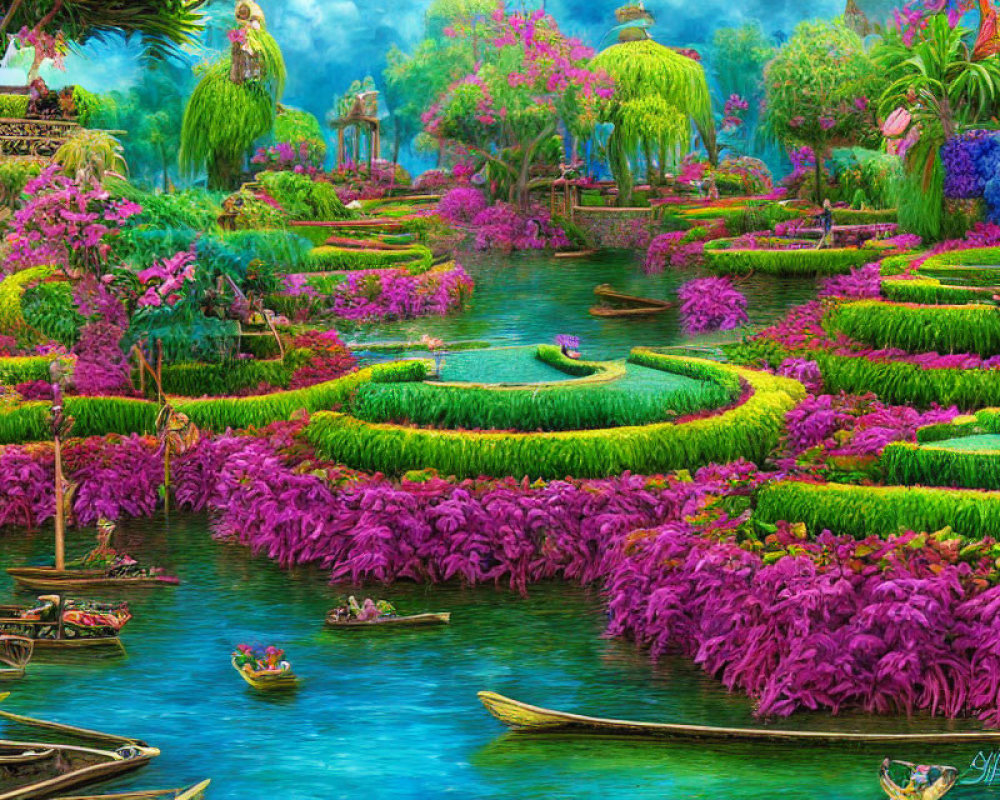 Colorful Fantasy Garden with Lush Vegetation and Waterways