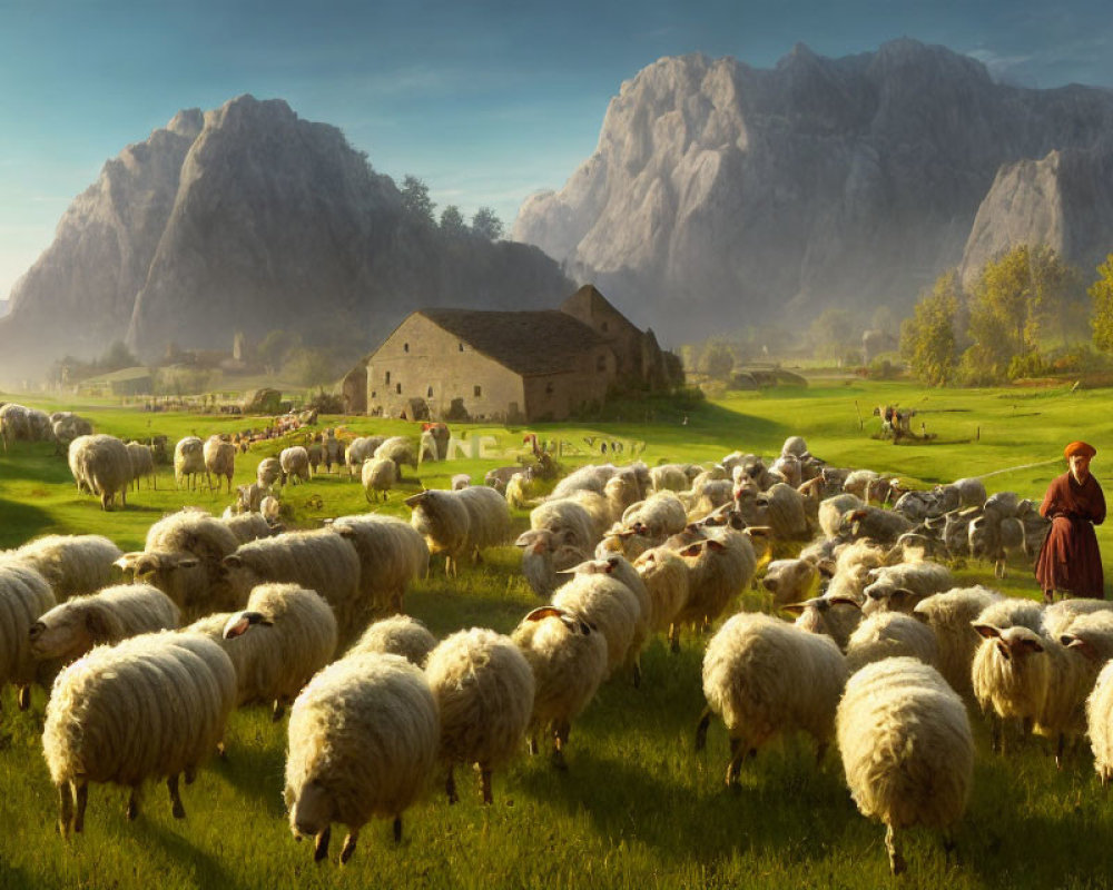 Pastoral scene with shepherd, flock of sheep, hills, farmhouse, mountains