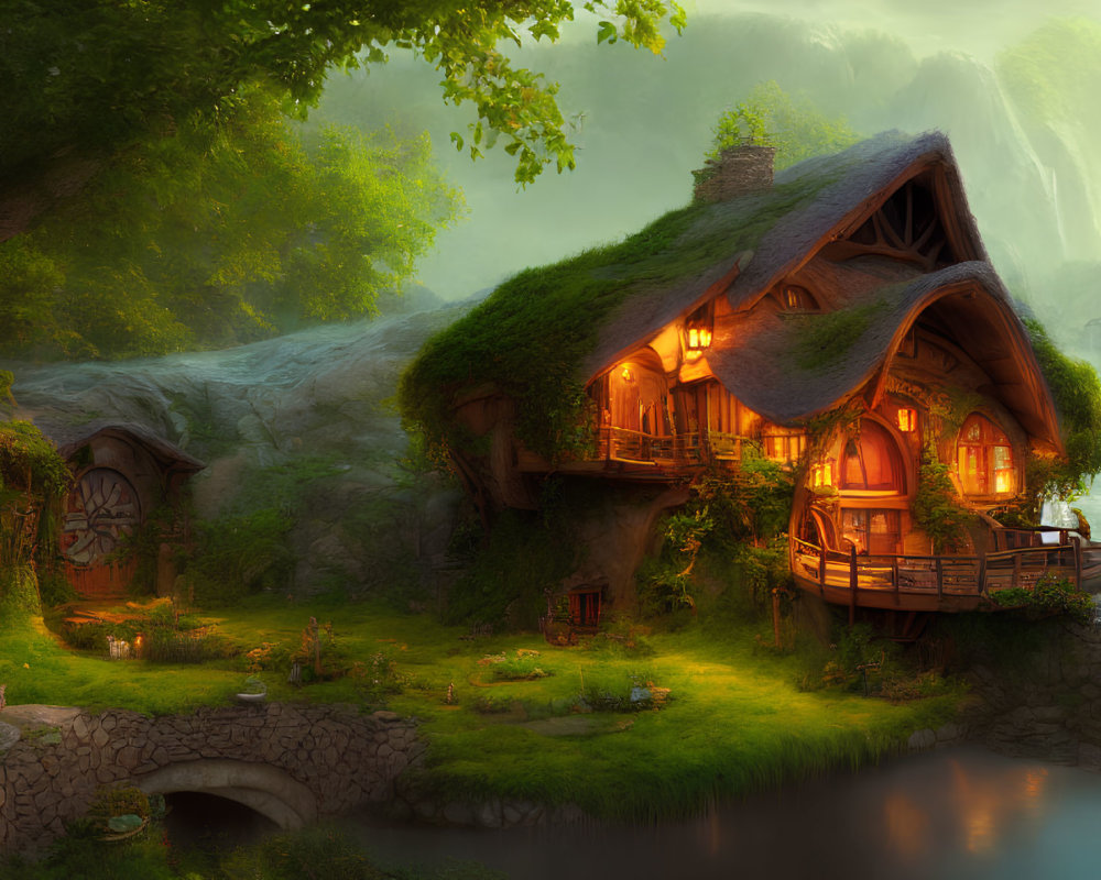 Cozy forest cottage with glowing windows by stream at twilight