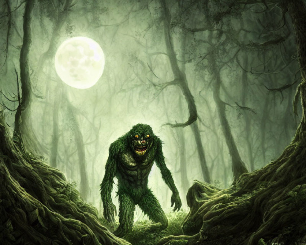 Menacing green creature in moonlit forest with glowing eyes and feral grin