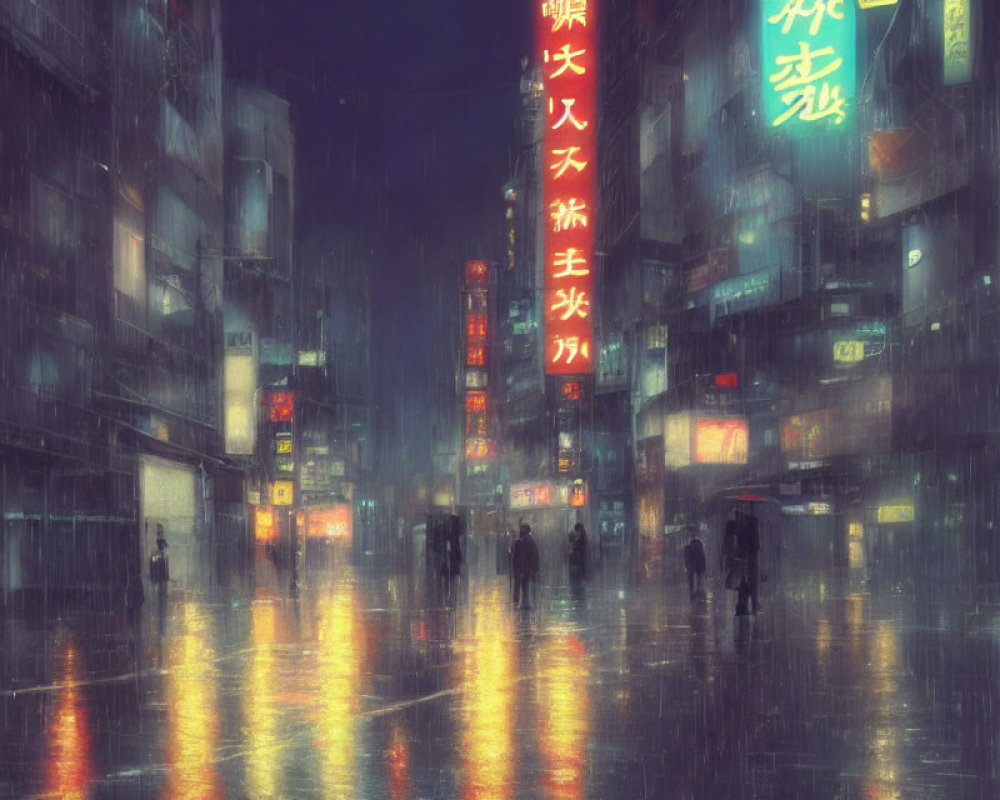 Neon-lit city street on a rainy night with silhouettes of people and reflections.