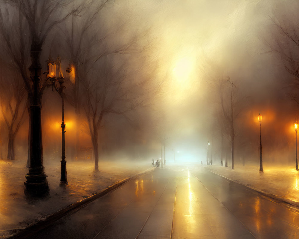 Foggy illuminated pathway with glowing street lamps and bare trees