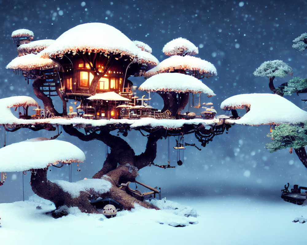 Snowy Treehouse Illuminated by Warm Lights in Tranquil Winter Scene