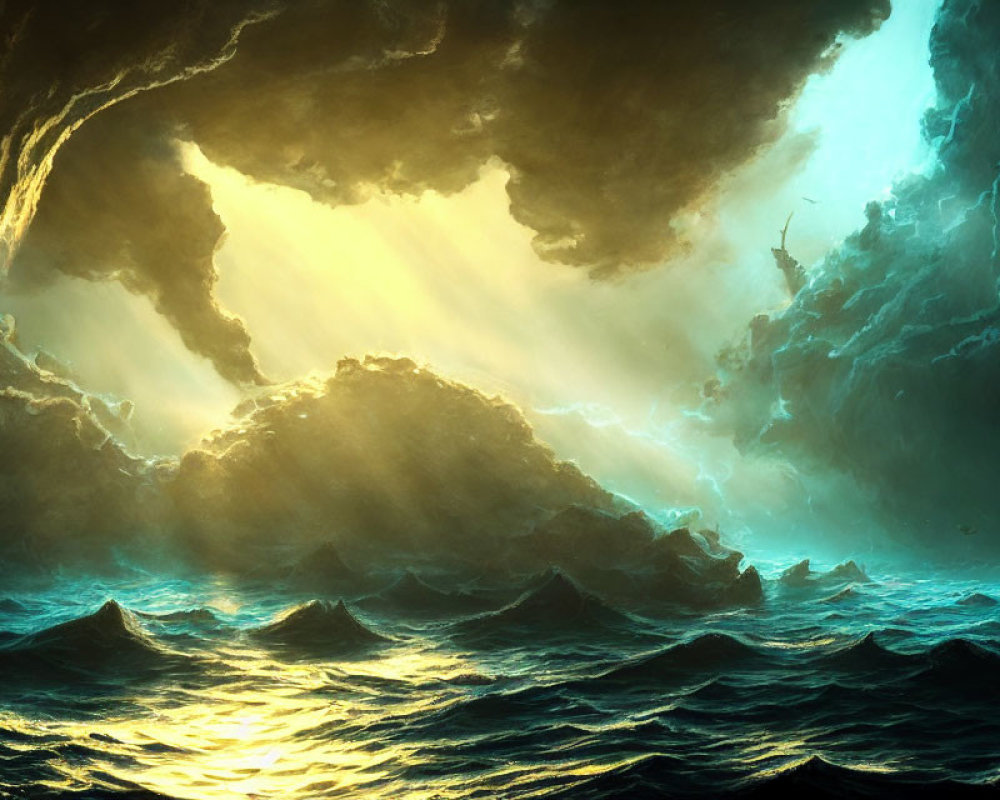 Stormy Seascape with Towering Waves and Sunlight Peeking Through