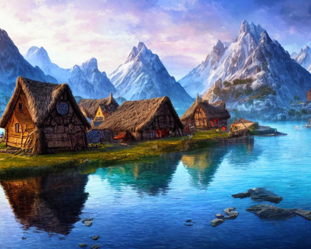 Scenic thatched-roof cottages by serene lake at sunset