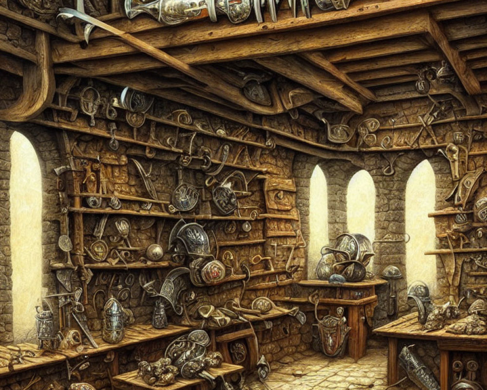 Detailed Medieval Armory with Swords, Shields, and Helmets