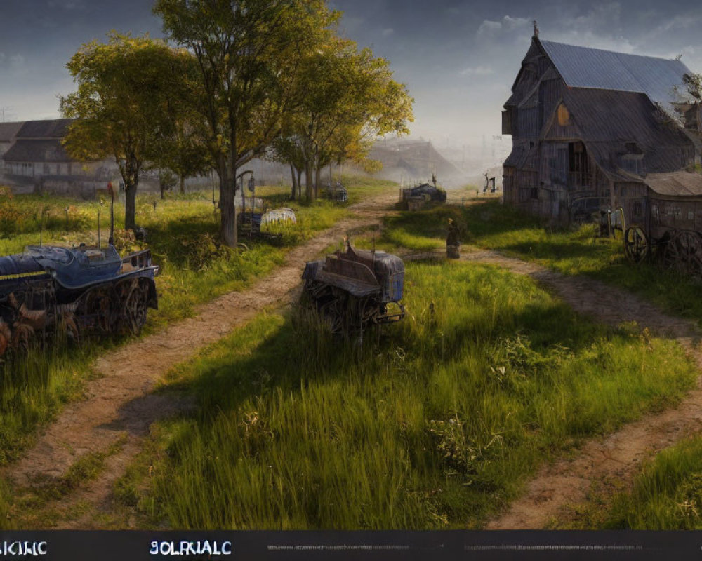 Rustic countryside scene with old farmhouse and vintage vehicles