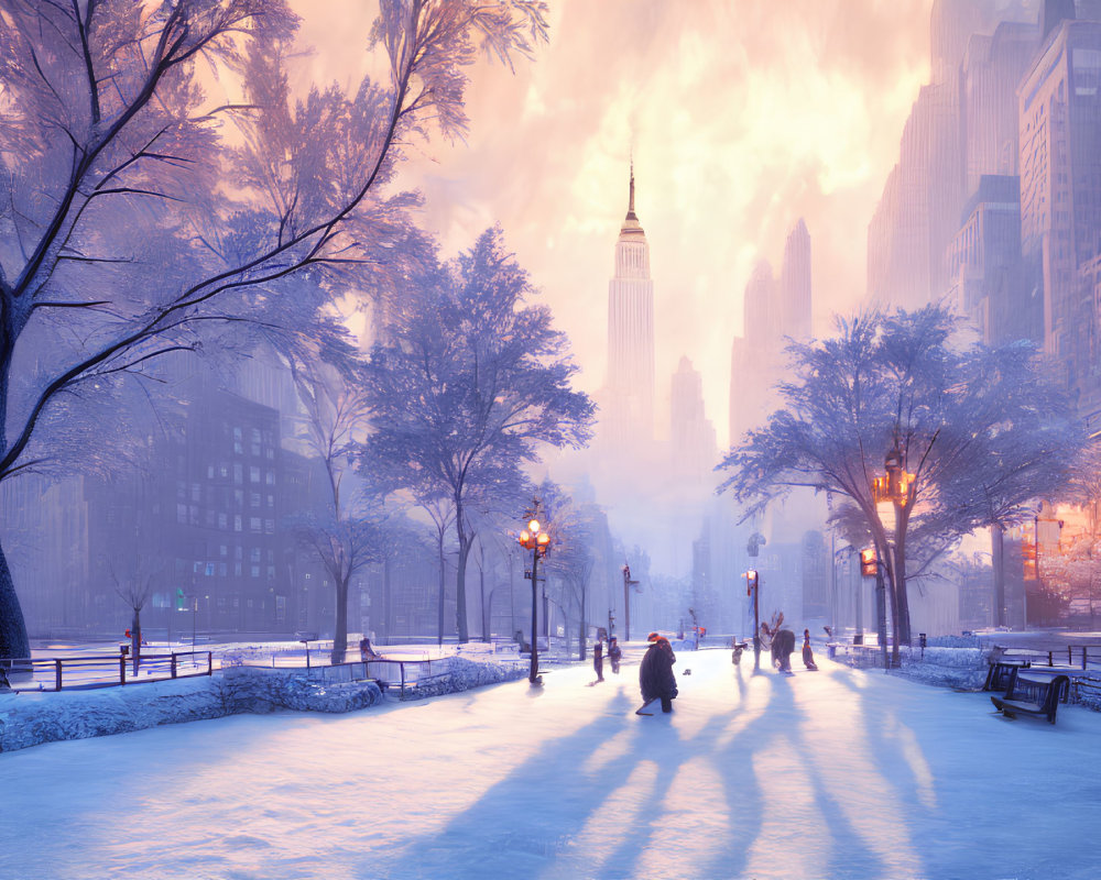 Snow-covered park with people walking among skyscrapers in serene winter scene