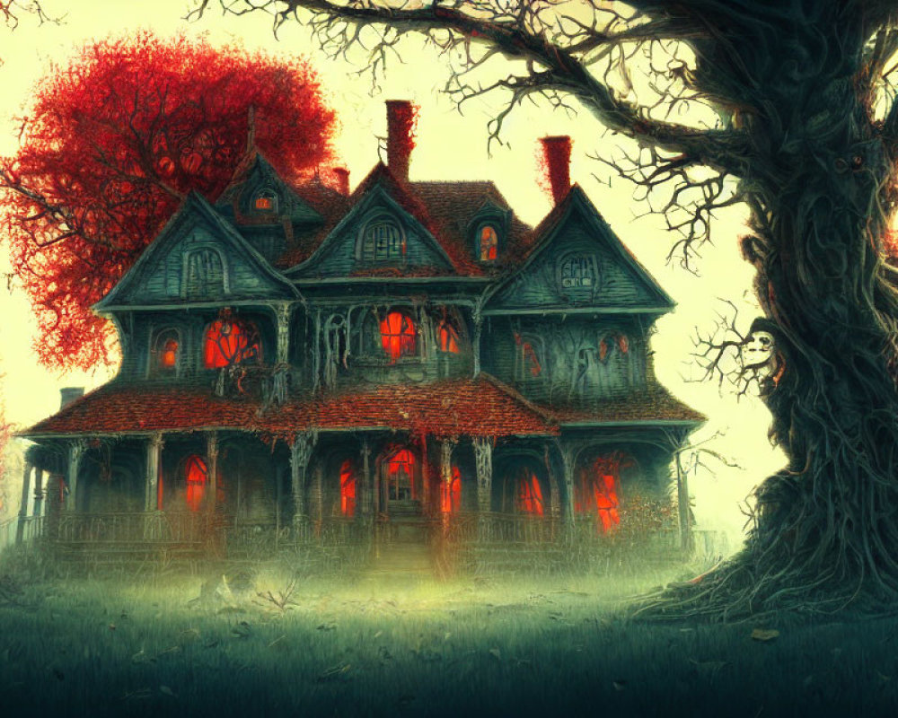 Victorian house with red glowing windows in spooky forest