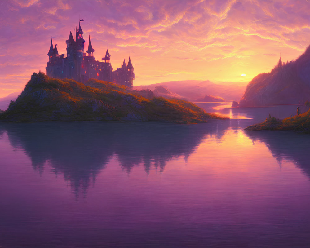 Majestic castle on central island with purple and orange sunset reflection