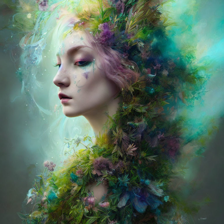 Ethereal portrait with pastel hair, botanicals, dreamy background