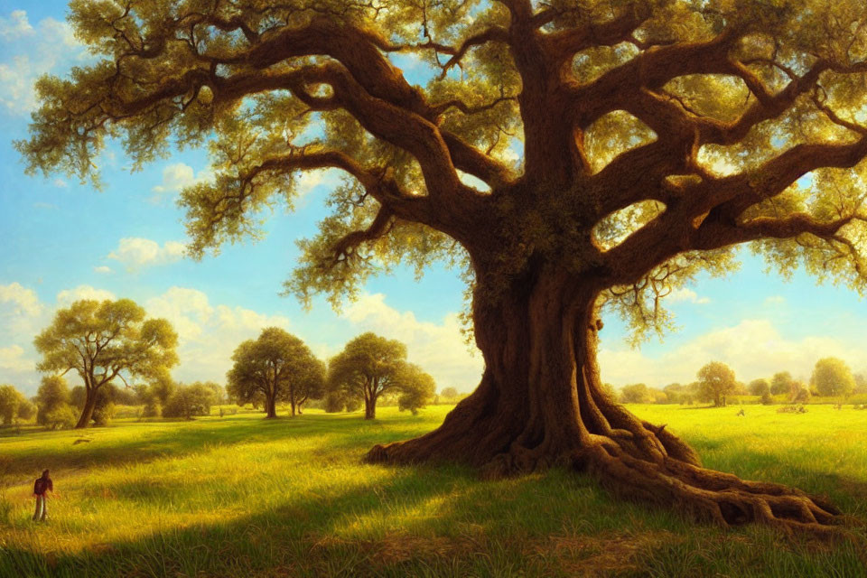 Tranquil landscape with majestic oak tree and person in tall grass