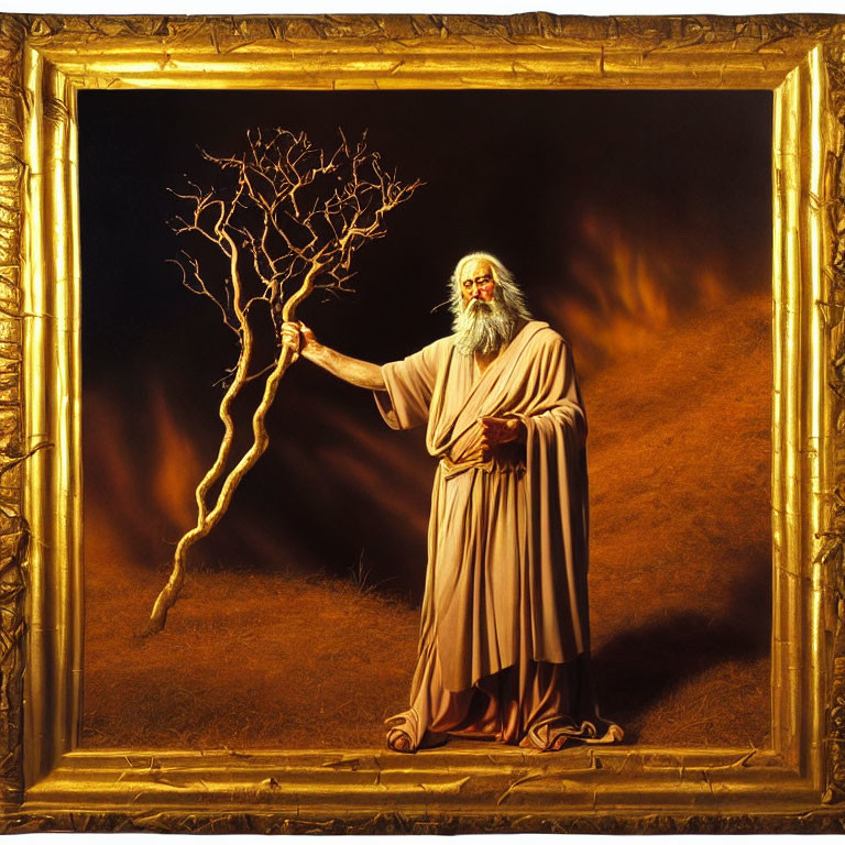 Elderly man in robes with leafless tree branch in fiery background