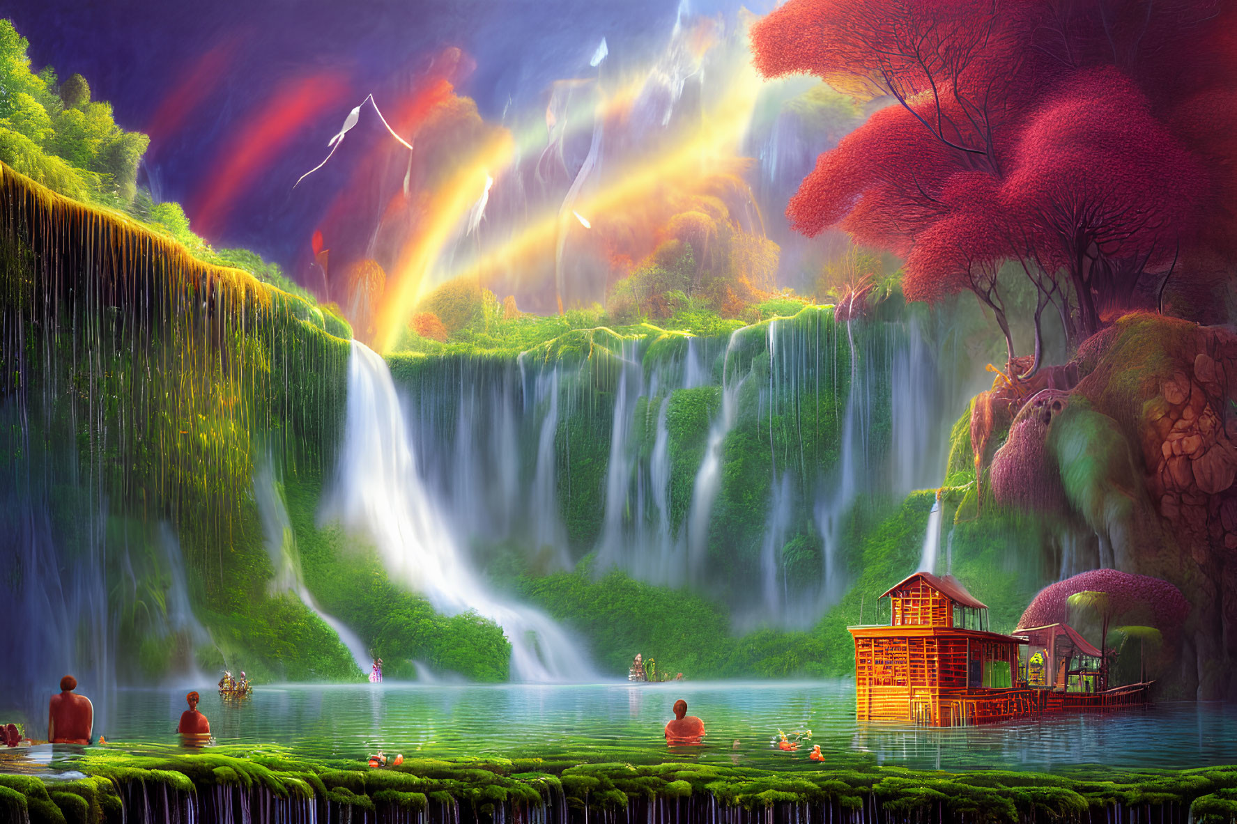 Colorful Fantasy Landscape with Waterfall, Lake, and Magical Sky