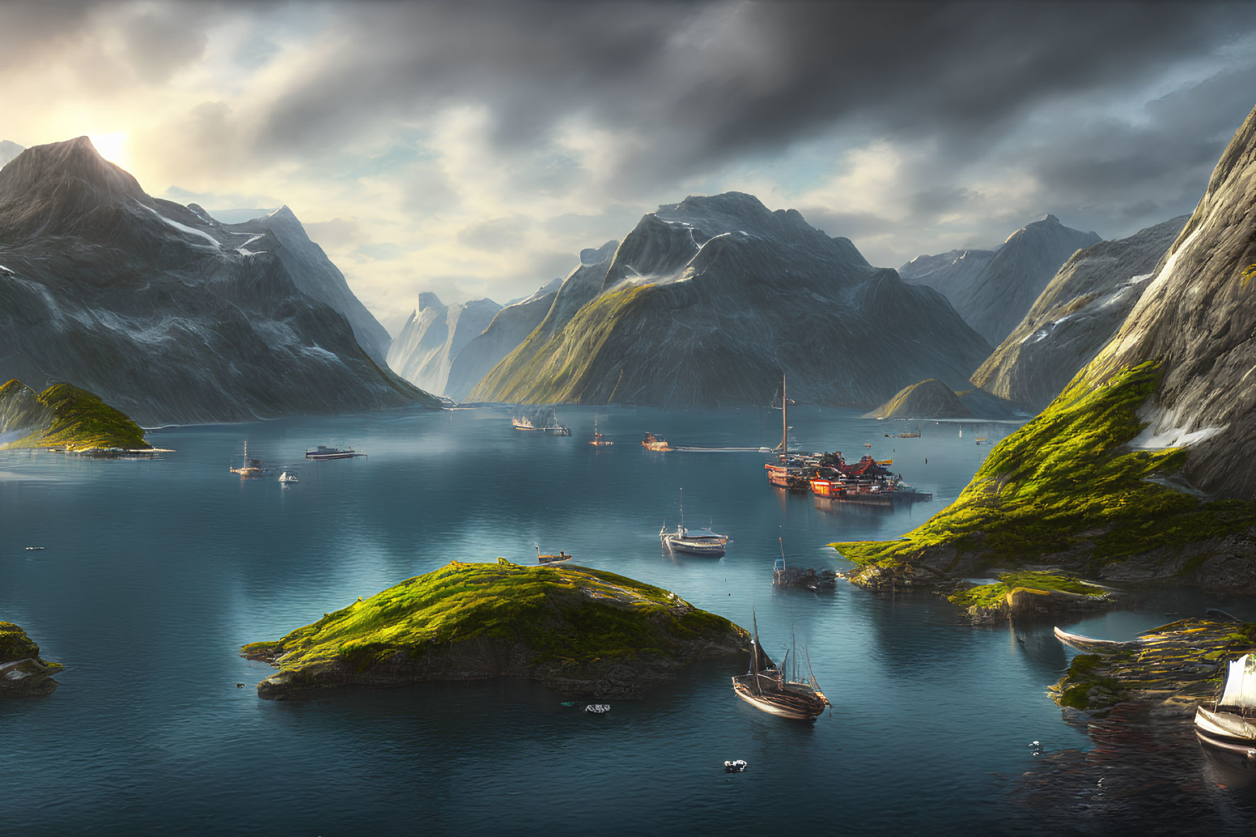 Tranquil fjord with steep mountains, boats, and golden light