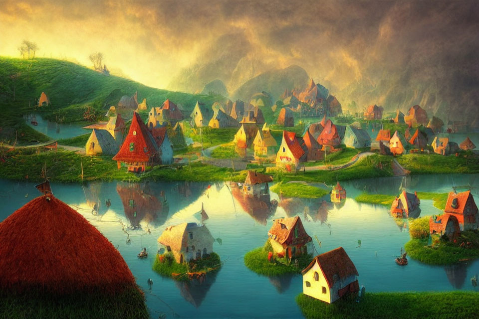 Tranquil fantasy village with thatched-roof houses by winding rivers at sunset