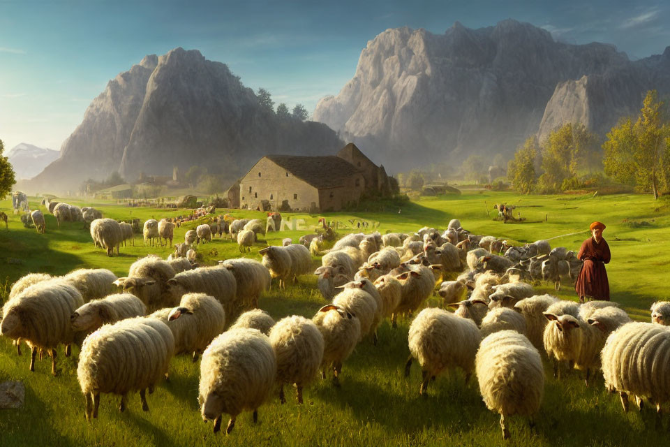 Pastoral scene with shepherd, flock of sheep, hills, farmhouse, mountains