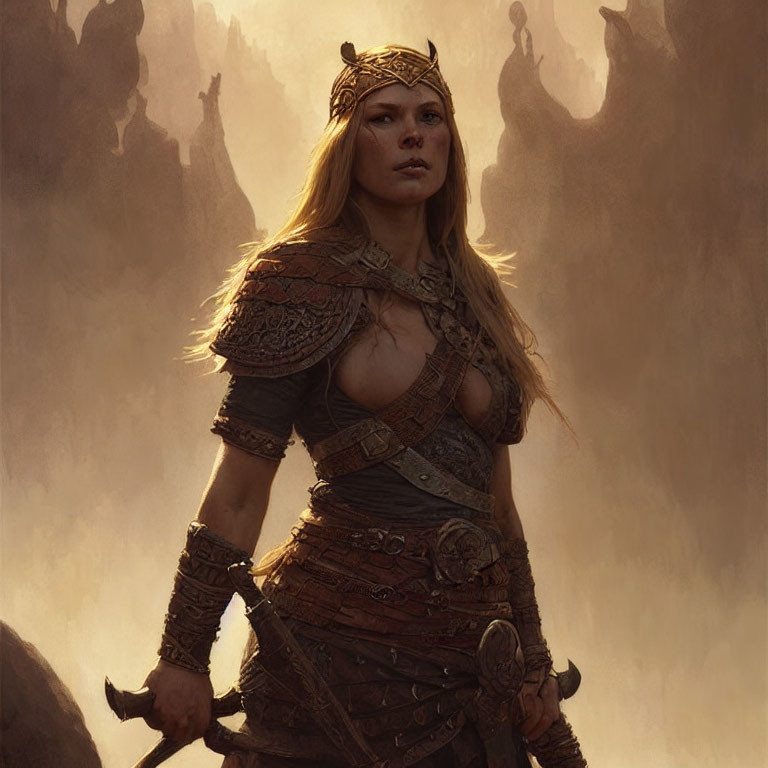 Warrior woman in ornate armor with crown and weapon on dusky battlefield