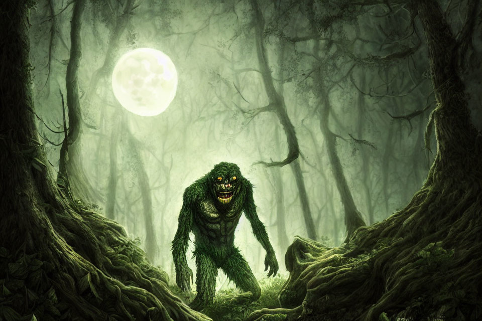 Menacing green creature in moonlit forest with glowing eyes and feral grin