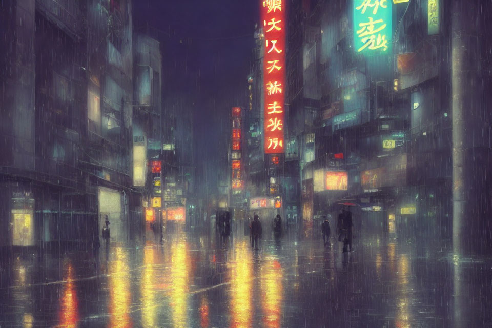 Neon-lit city street on a rainy night with silhouettes of people and reflections.