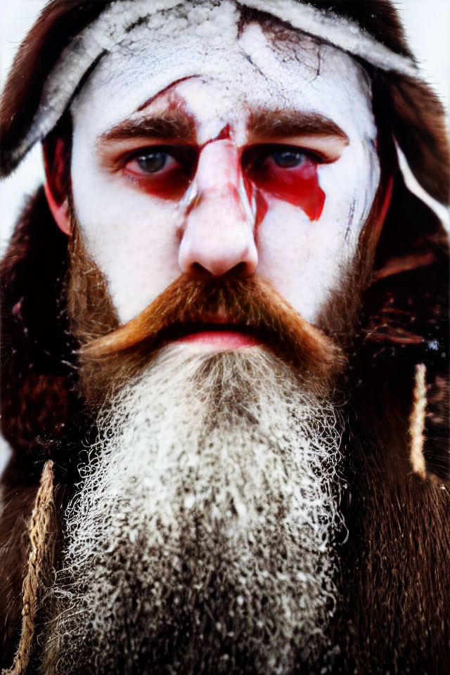 Intense man with fur headband and painted face in snowy setting