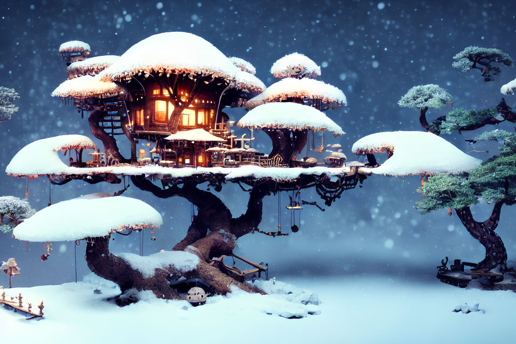 Snowy Treehouse Illuminated by Warm Lights in Tranquil Winter Scene