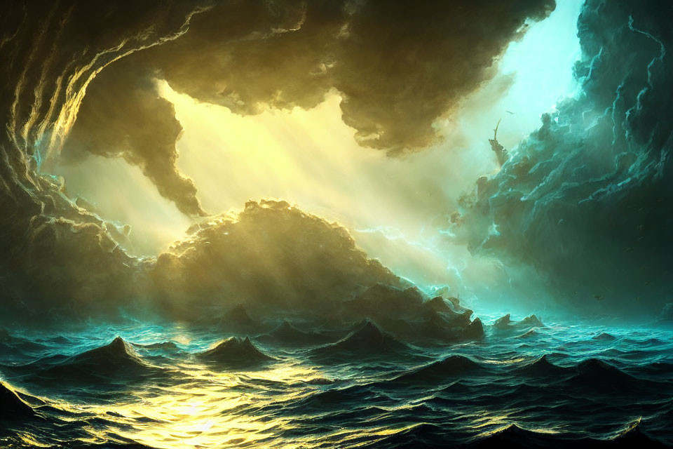 Stormy Seascape with Towering Waves and Sunlight Peeking Through