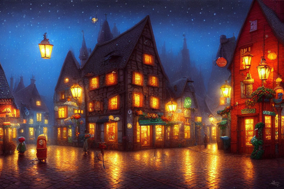 Enchanting cobblestoned street at night with glowing lanterns