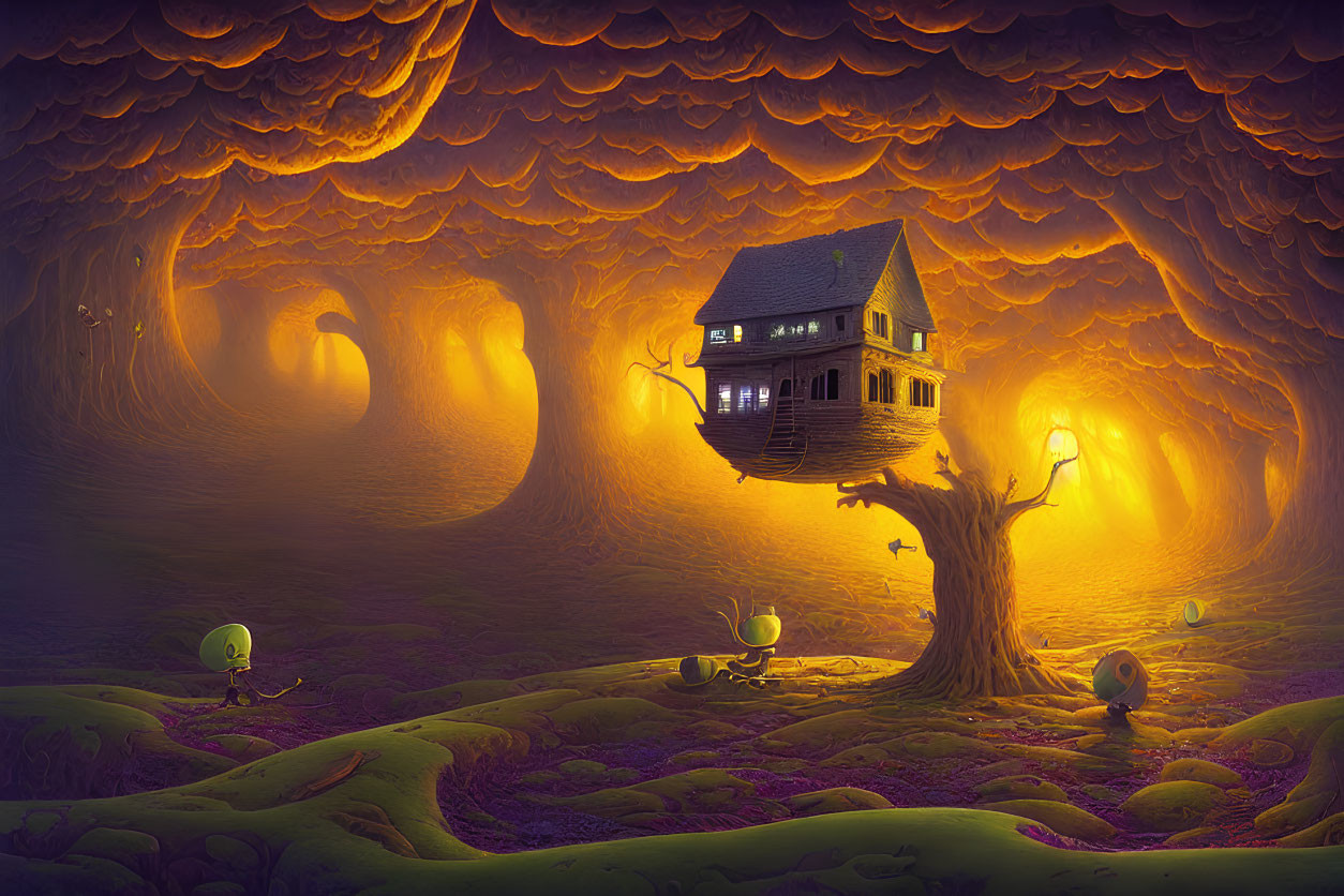 Golden glow landscape with tree house and whimsical creatures