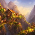 Scenic village on sunlit mountain slopes with cozy houses among trees