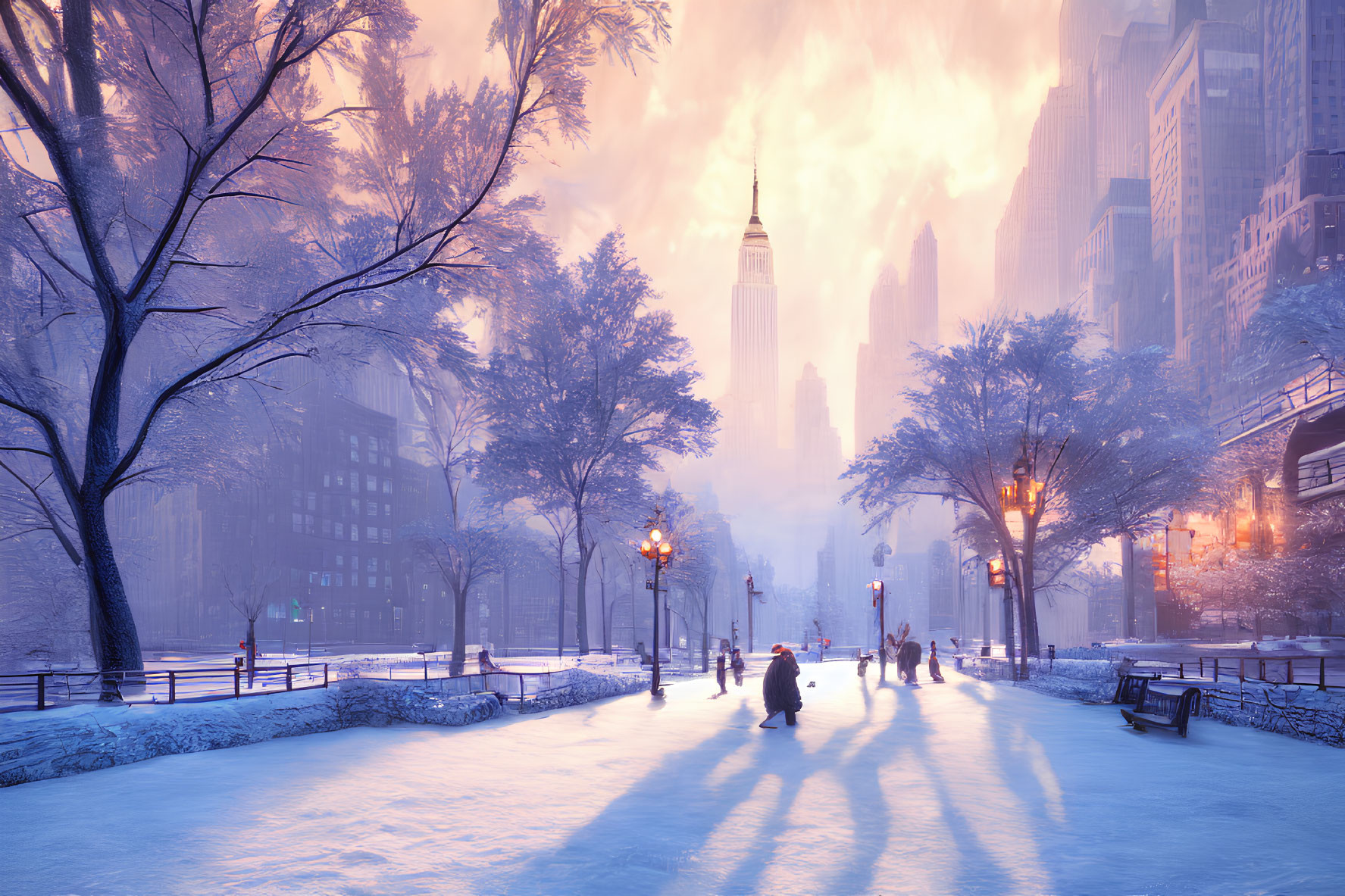 Snow-covered park with people walking among skyscrapers in serene winter scene