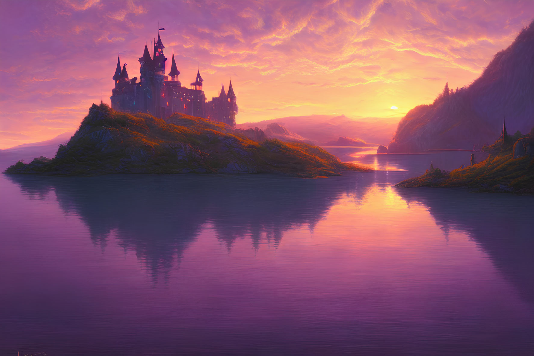 Majestic castle on central island with purple and orange sunset reflection