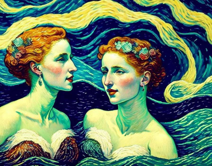 Two women with flowing hair and flowers in vibrant ocean setting