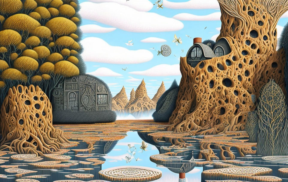 Stylized landscape with intricate trees and whimsical structures