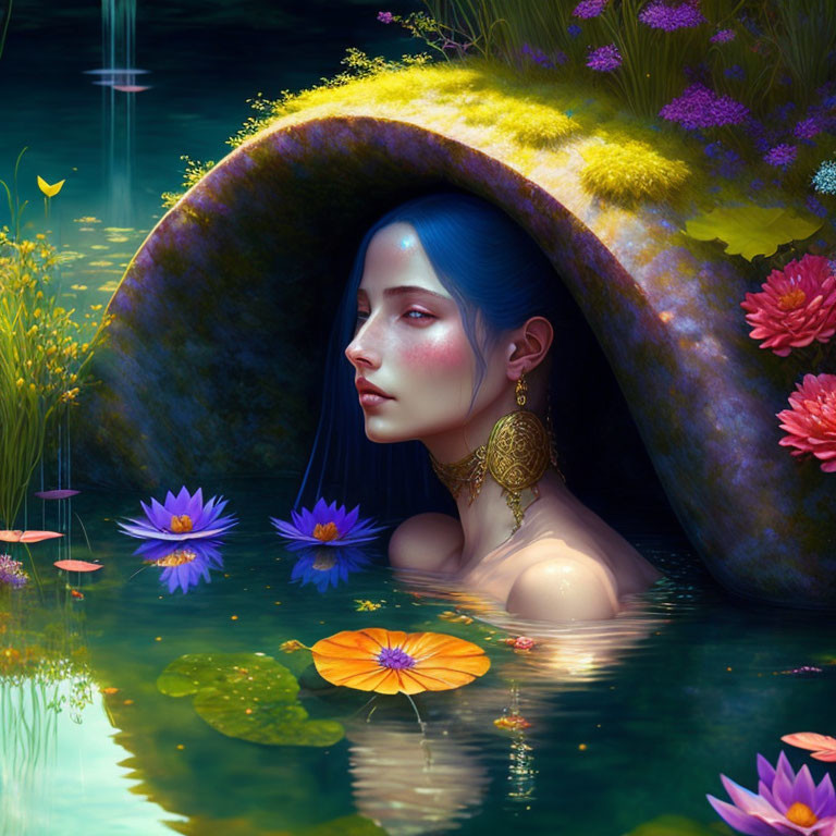 Illustration of woman with blue hair in water with colorful flowers and lily pads