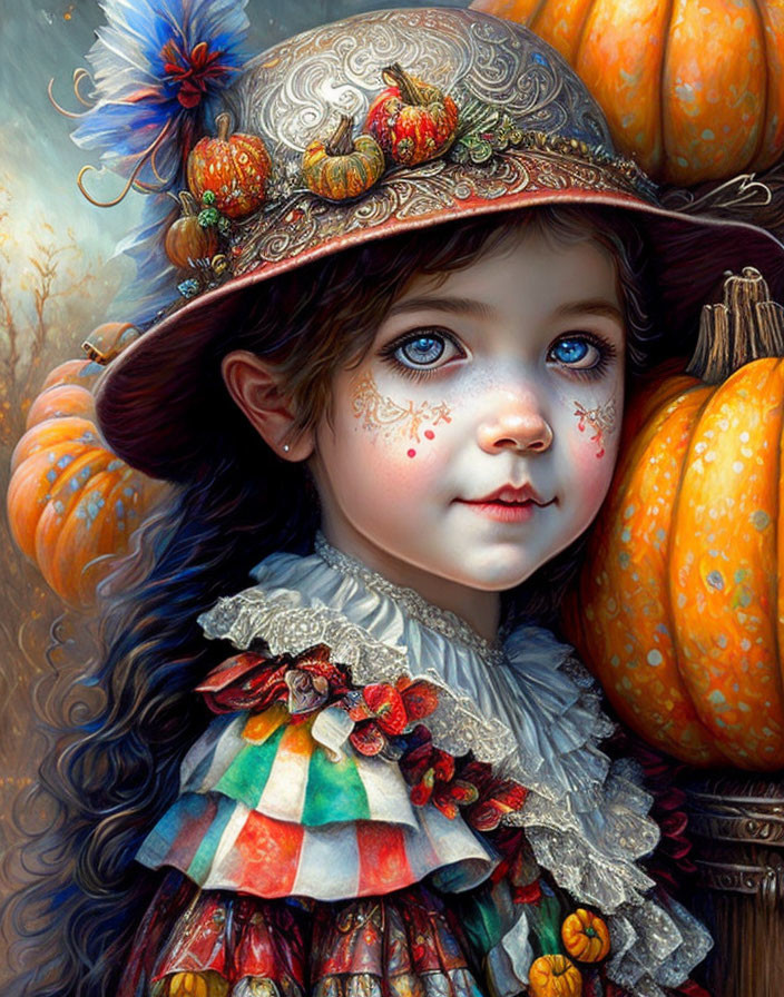 Young girl in autumn-themed attire with blue eyes and pumpkins