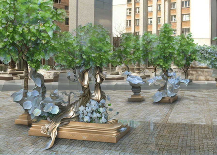 Outdoor installation: Mirrored trees reflect sunlight in cityscape.