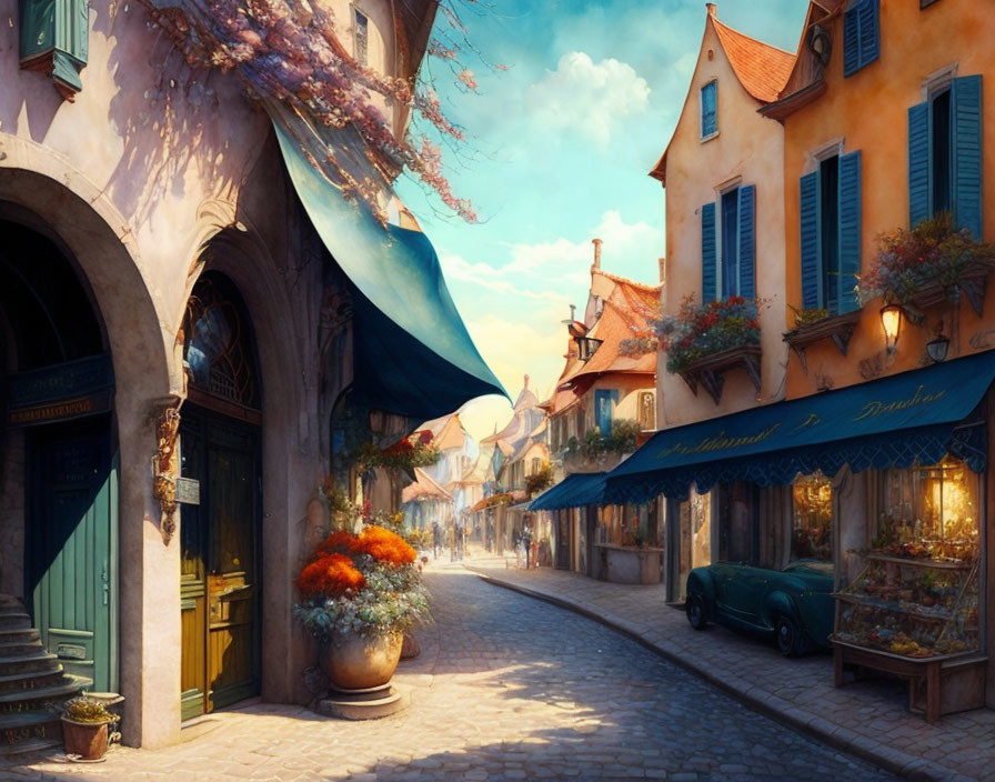 Charming cobblestone street with vintage car and colorful flowers