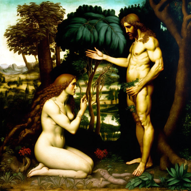 Adam and Eve painting in Garden of Eden with lush trees.